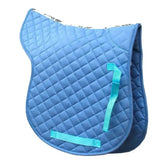 Light blue rhinegold cotton quilted gp numnah with teal straps and subtle rhinegold branded taped pattern on top edge