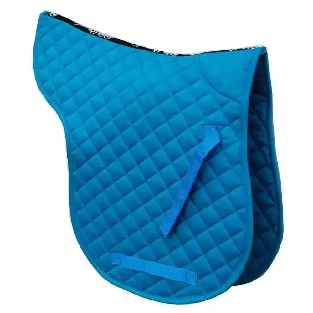 Bright blue rhinegold cotton quilted gp numnah with black patterned trim and rhinegold branded taped straps