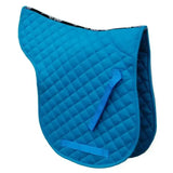 Bright blue rhinegold cotton quilted gp numnah with black patterned trim and rhinegold branded taped straps