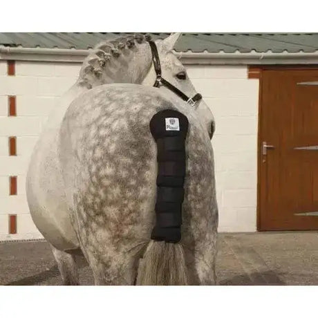 Black padded rhinegold cotton quilted tailguard with breathable quilted design and white logo patch on back side