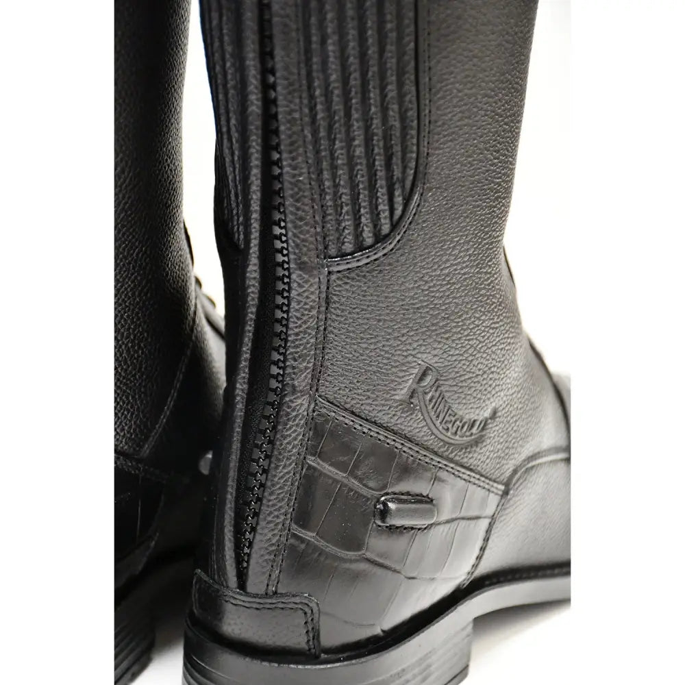 Black leather rhinegold elite luxus long riding boots with mock croc trim and zipper detail
