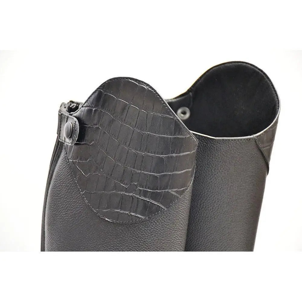 Black leather rhinegold elite luxus long riding boots with mock croc trim and zipper closure