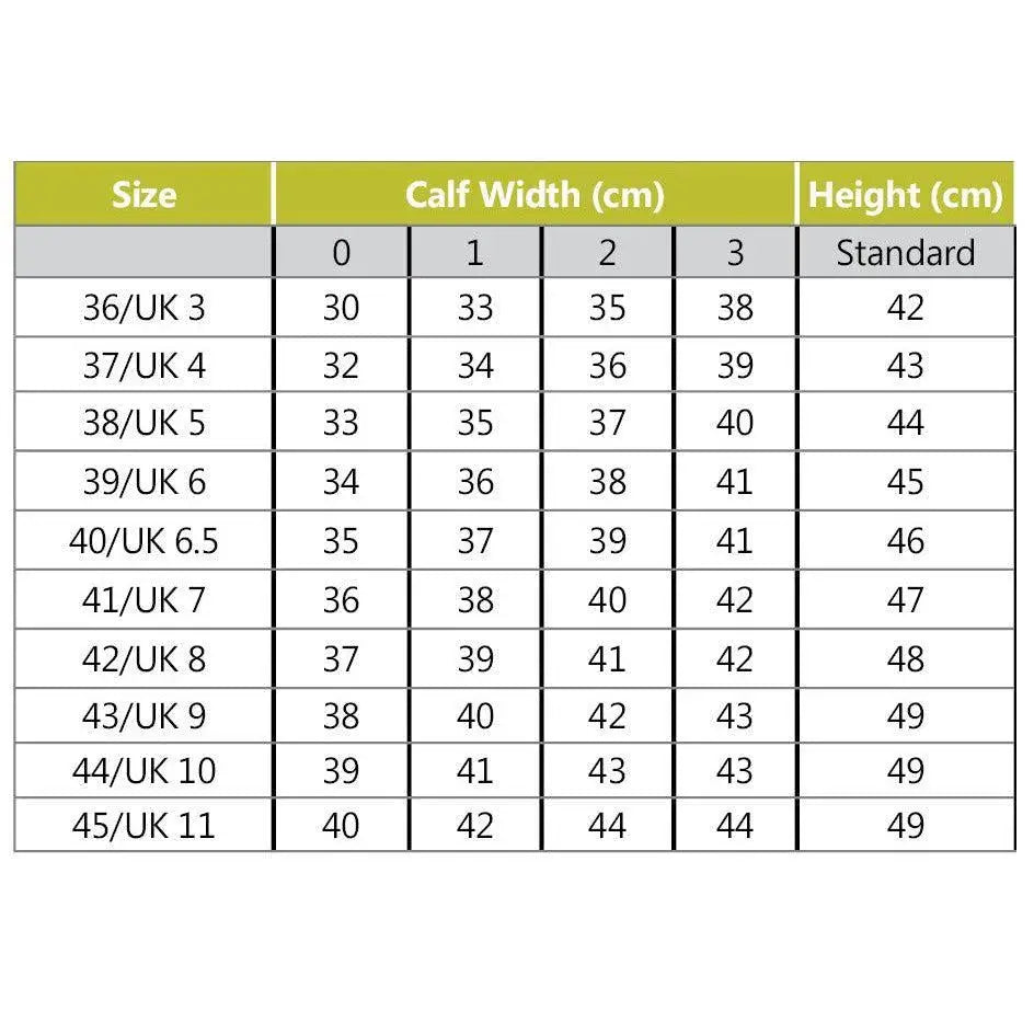 A shoe size conversion chart for rhinegold elite luxus long riding boots with calf width and height in cm with mock croc trim