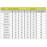 A shoe size conversion chart for rhinegold elite luxus long riding boots with calf width and height in cm with mock croc trim