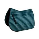 Teal rhinegold diamante channel quilt luxury velvet saddle pad with black straps and stitched edge for horse riding