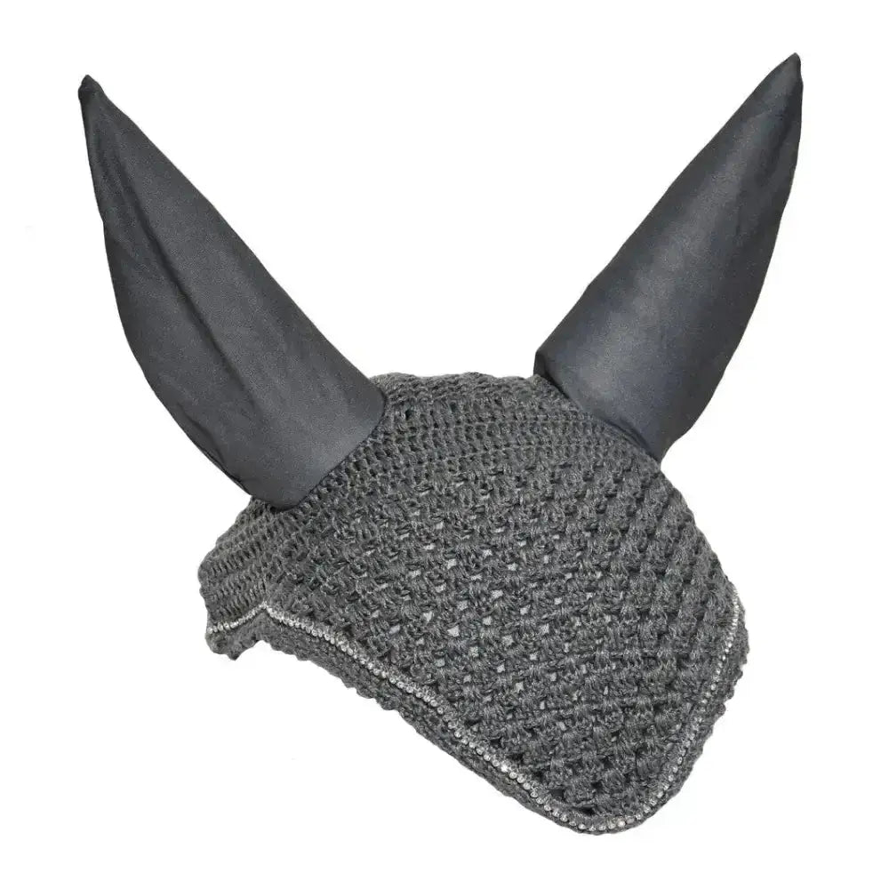 Gray crocheted rhinegold diamante fly hood noise muffler with black fabric ears and silver trim for horses