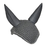 Gray crocheted rhinegold diamante fly hood noise muffler with black fabric ears and silver trim for horses