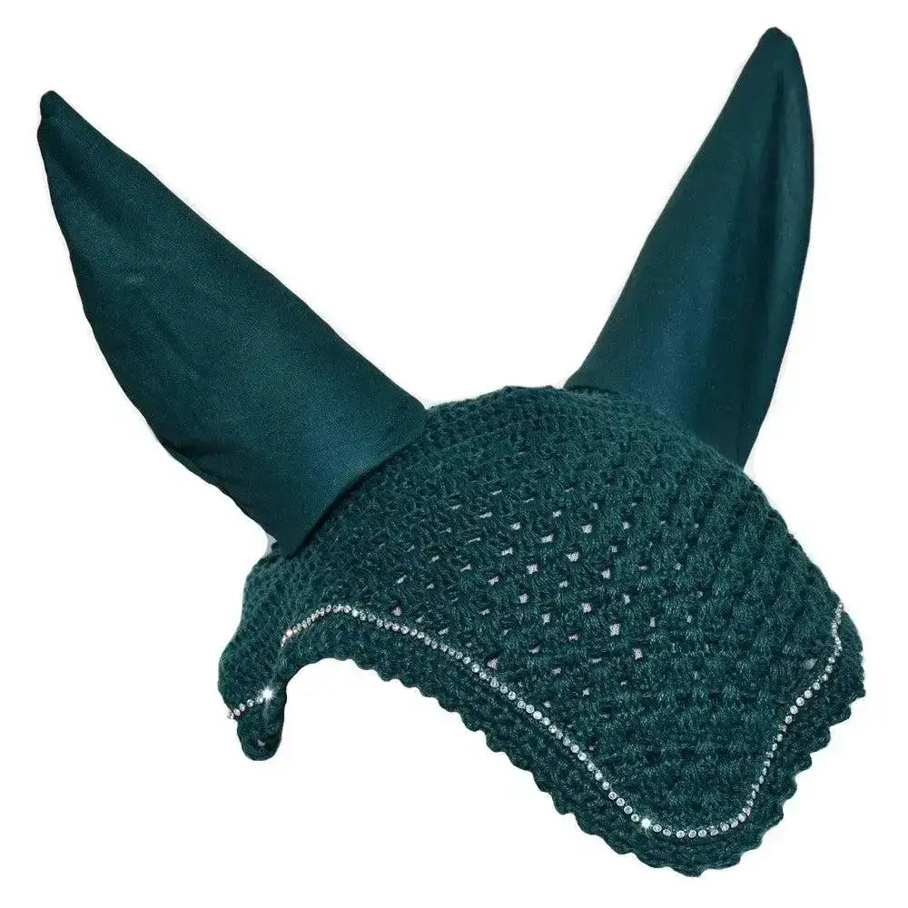Dark green crocheted rhinegold diamante fly hood noise muffler with satin ear flaps and beaded edge detail
