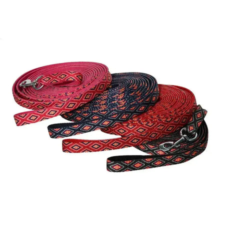 Red and black rhinegold diamond pattern webbing lunge rein with diamond shaped designs for dog training