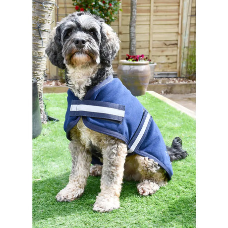 Blue dog coat with white reflective stripes from rhinegold dog fleece showing the back side of the fleece
