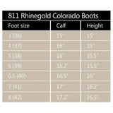 Size chart for rhinegold elite colorado leather country boots showing foot measurements from size 3 to 8