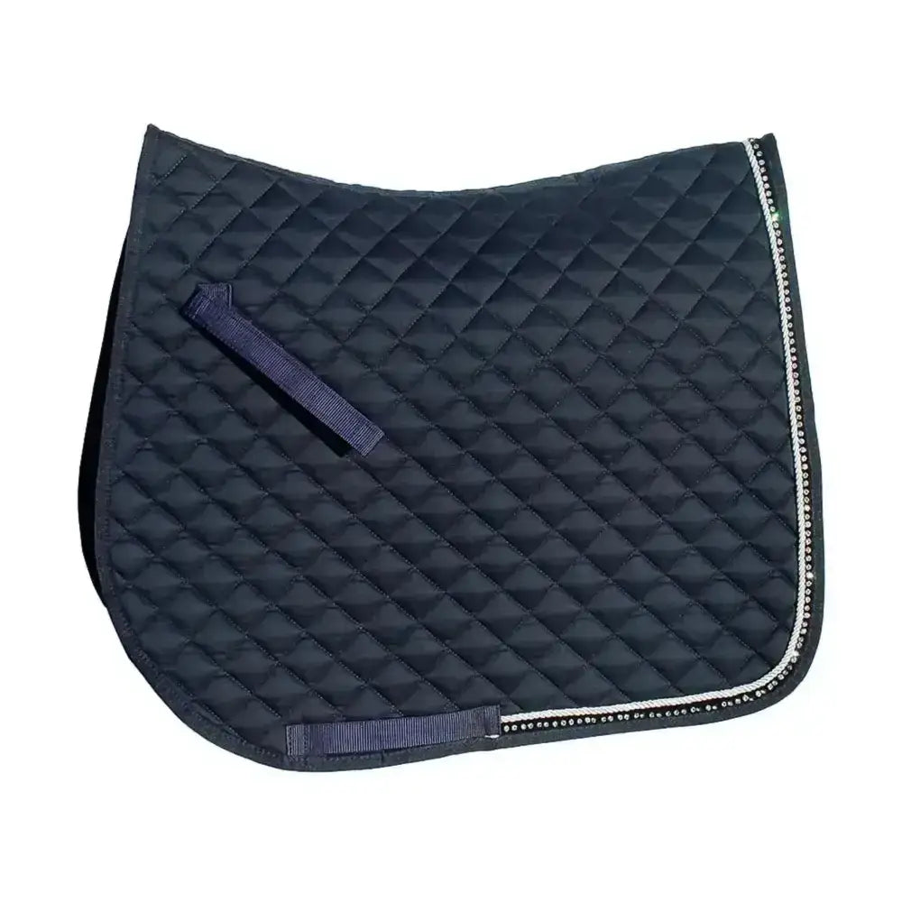 Black quilted rhinegold elite diamante saddle cloth with silver rhinestone trim and navy fabric straps