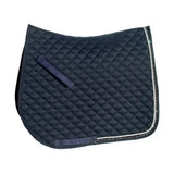 Black quilted rhinegold elite diamante saddle cloth with silver rhinestone trim and navy fabric straps