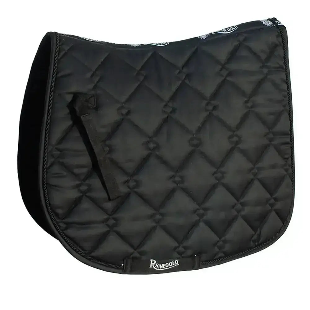 Black quilted rhinegold elite diamond saddle pad with diamond stitching and subtle logo on lower edge