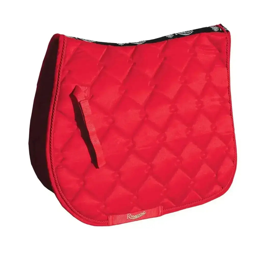 Red quilted diamond saddle pad with black trim and rhinegold elite diamond logo on the side