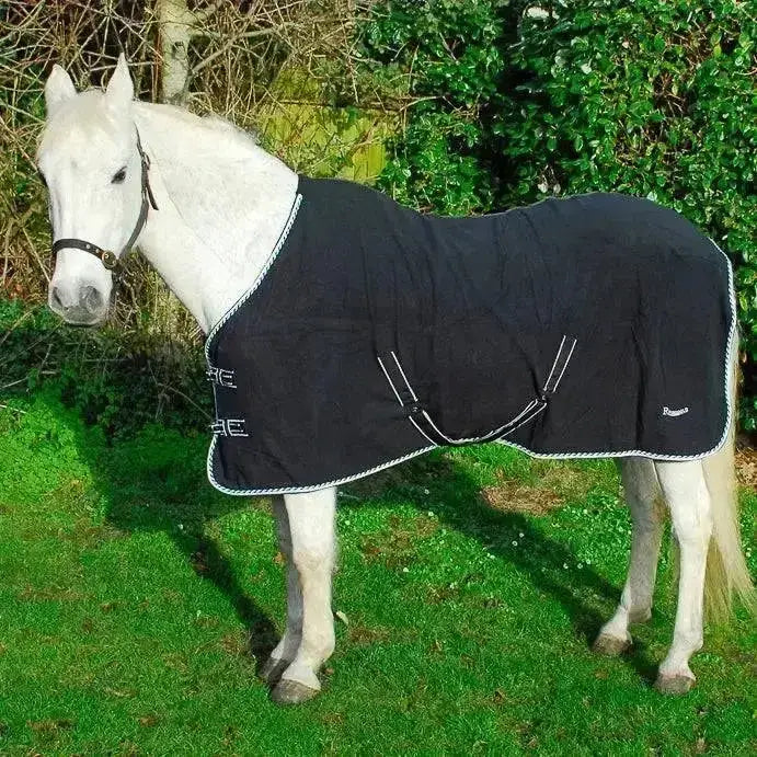 Black rhinegold fleece rugs elite horse blanket with white trim and reflective stripes made of quality anti-pill fleece