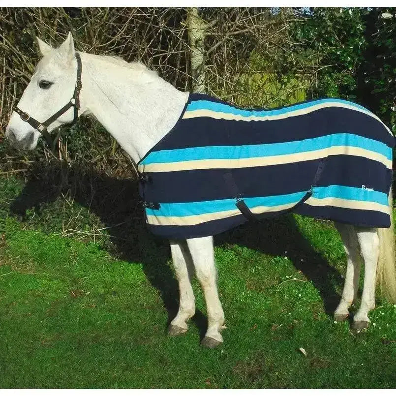 Rhinegold elite fleece rugs standard neck striped navy blue light blue cream fleece rug with black straps quality anti-pill fleece