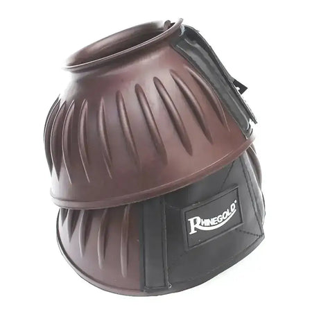 Brown and black rhinegold elite flexi over reach boots with ribbed texture and high natural rubber content for durability