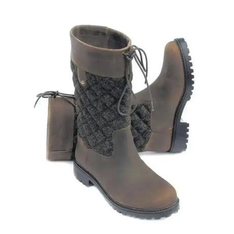 Brown leather rhinegold elite georgia tweed leather boots with quilted weatherproof tweed leg and laces