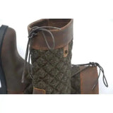 Dark olive green quilted rhinegold elite georgia tweed leather boot with brown leather accents and weatherproof tweed leg