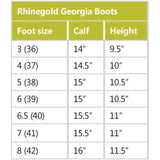 Rhinogold elite georgia tweed leather country boots size chart showing foot size calf circumference and boot height measurements