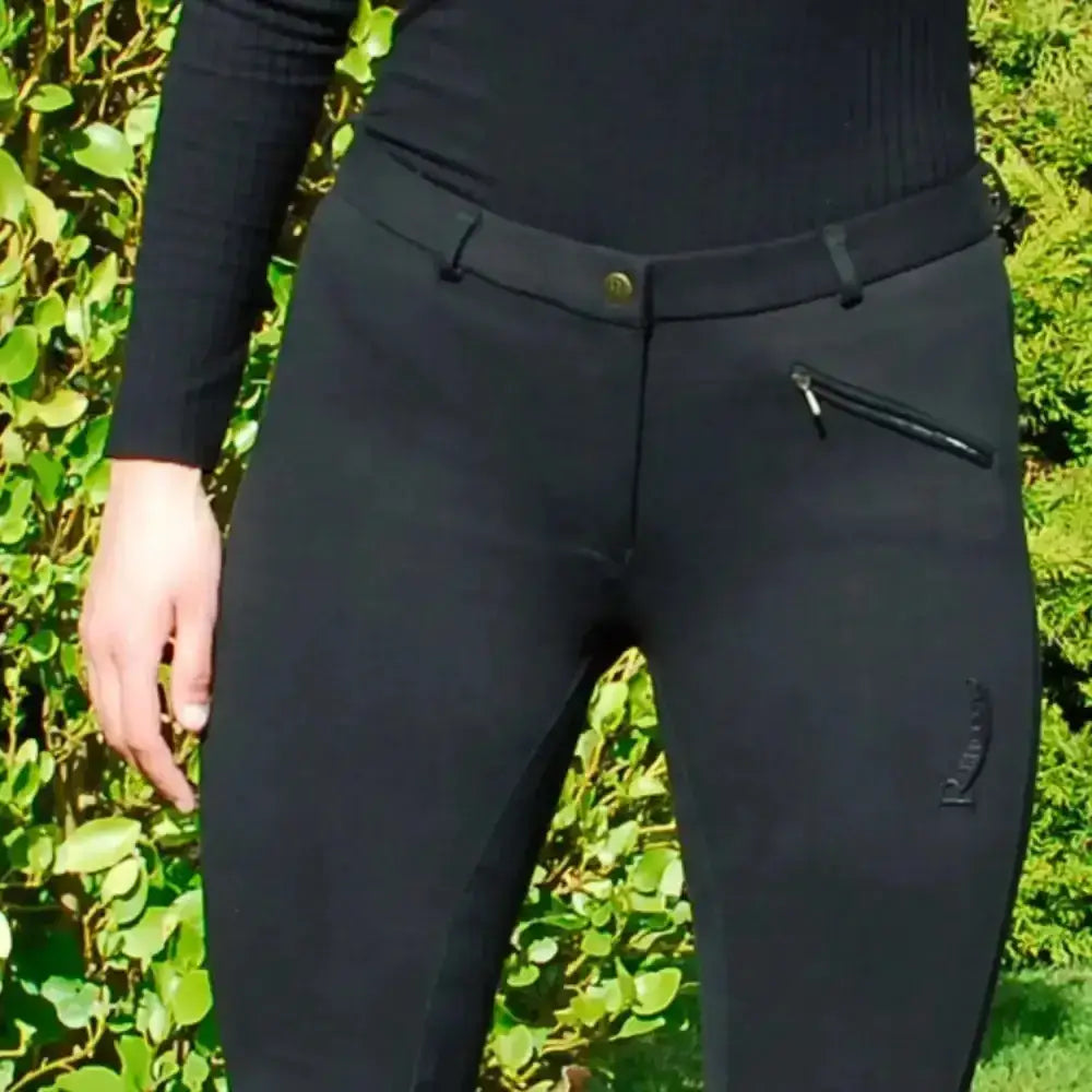 Black rhinegold elite ladies thermal breeches with sleek fit and subtle thigh zipper super soft lined breeches