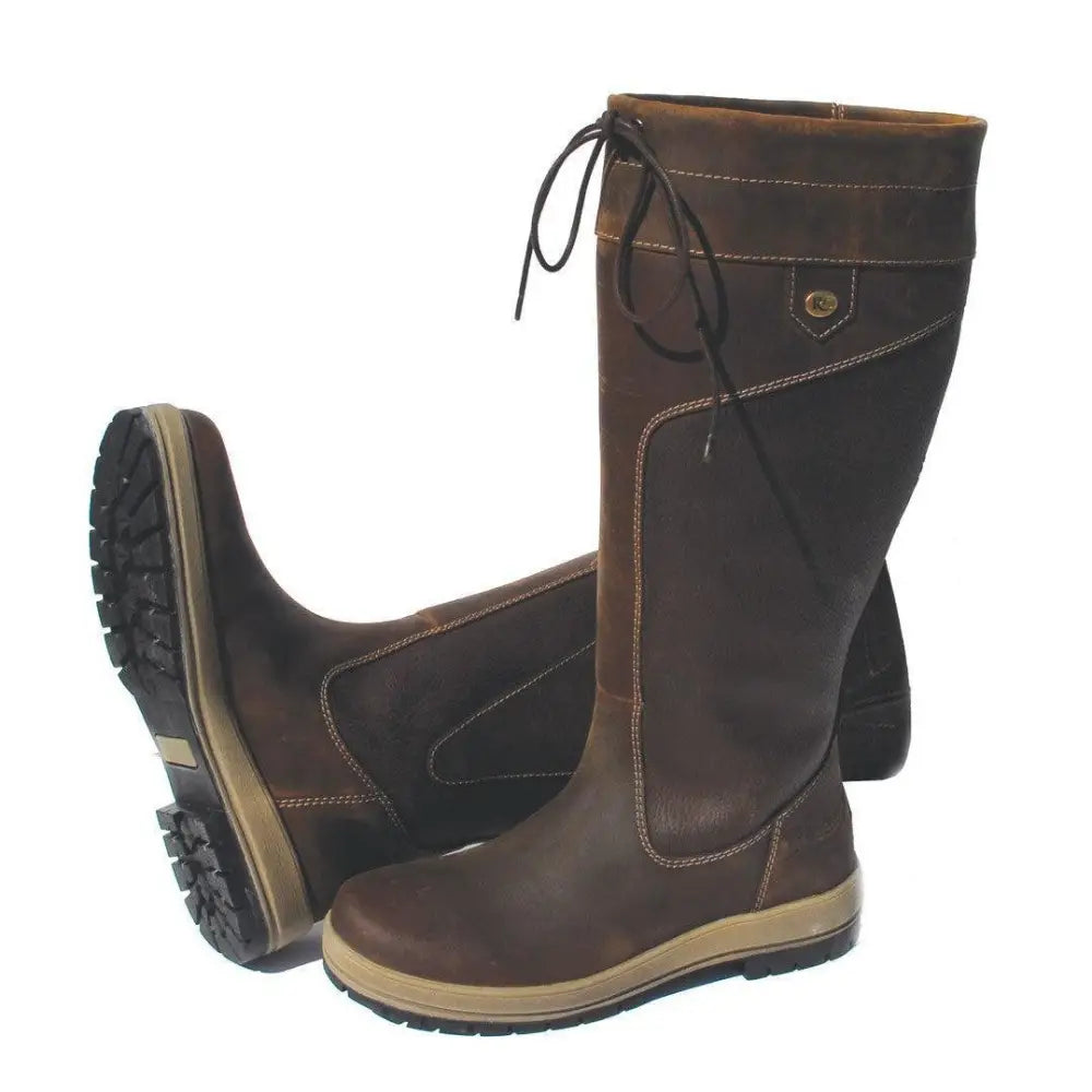 Brown leather rhinegold elite vermont boots with black laces and tan sole in wide leg style