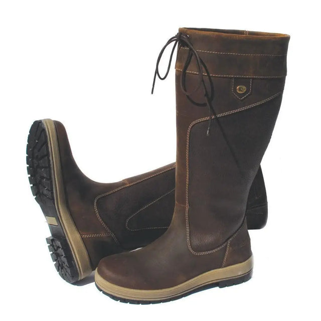 Brown leather rhinegold elite vermont boots with black laces and tan sole in wide leg style