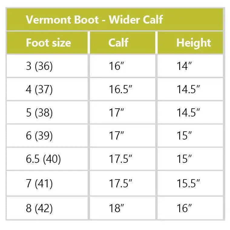 Chart showing rhinegold elite vermont boots wide leg wider calf sizes with foot calf and height measurements