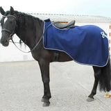 Blue rhinegold embroidered fleece cutaway ride blanket with white trim and small logo on the side
