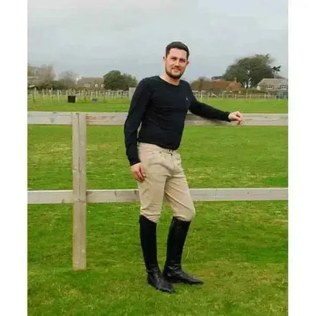 Black long sleeved shirt with small chest logo perfect for pairing with traditionally styled mens breeches rhinegold essential