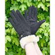 Black suede rhinegold faux trim riding gloves with plush white fur cuff and gold button fully fleece lined