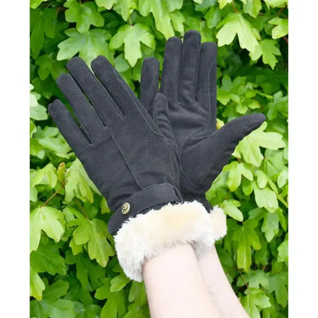Black suede rhinegold faux trim riding gloves with plush white fur cuff and gold button fully fleece lined