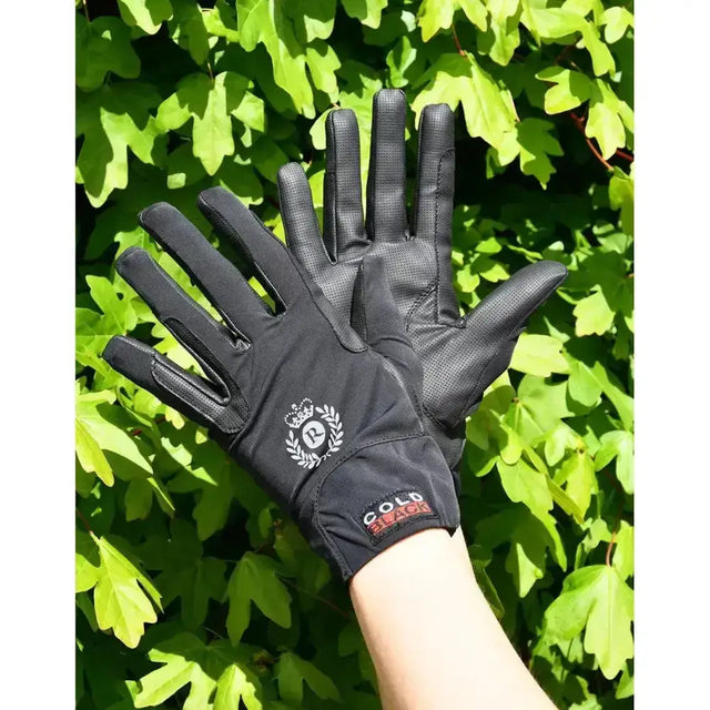 Black rhinegold fine mesh stretch riding gloves with textured palm and white logo on back of hand