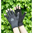 Black rhinegold fingerless stretch riding gloves showing back with white embroidered crest logo and fleece lined thermal design