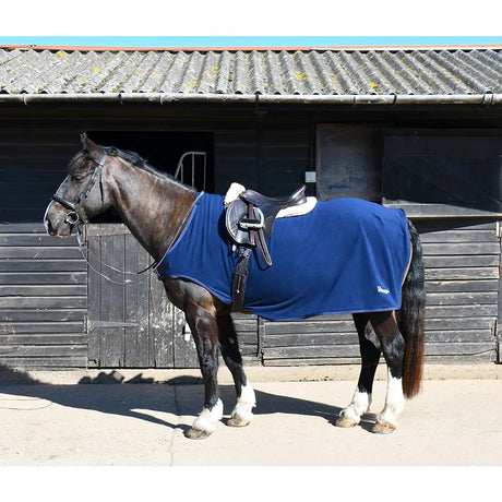 Blue rhinegold fixed chest fleece horse blanket with white trim and small logo for equestrian use