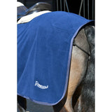 Royal blue plush rhinegold fixed chest fleece horse blanket with subtle embroidered logo for equestrian use