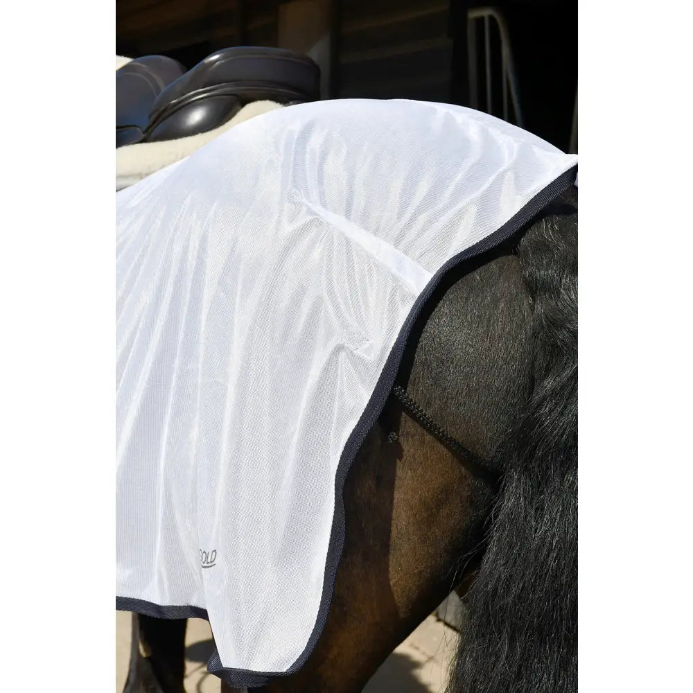 White mesh horse fly mask with black trim featuring rhinegold fixed chest mesh for ride-on use