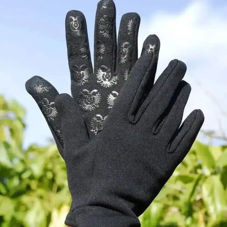 Black rhinegold fleece lined thermal gloves with silver floral patterns on palms made from neoprene type material