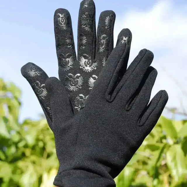 Black rhinegold fleece lined thermal gloves with silver floral patterns on palms made from neoprene type material