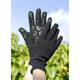 Black back rhinegold fleece lined neoprene type gloves with silver owl and sun patterns on fingers for touchscreens