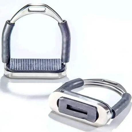 Stainless steel rhinegold flexi-stirrups with black rubber covered flexion joints and carbon fiber footplate