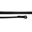 Black textured riding crop with smooth leather handle and silver logo from rhinegold flexible grip rubber reins collection