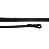 Black textured riding crop with smooth leather handle and silver logo from rhinegold flexible grip rubber reins collection