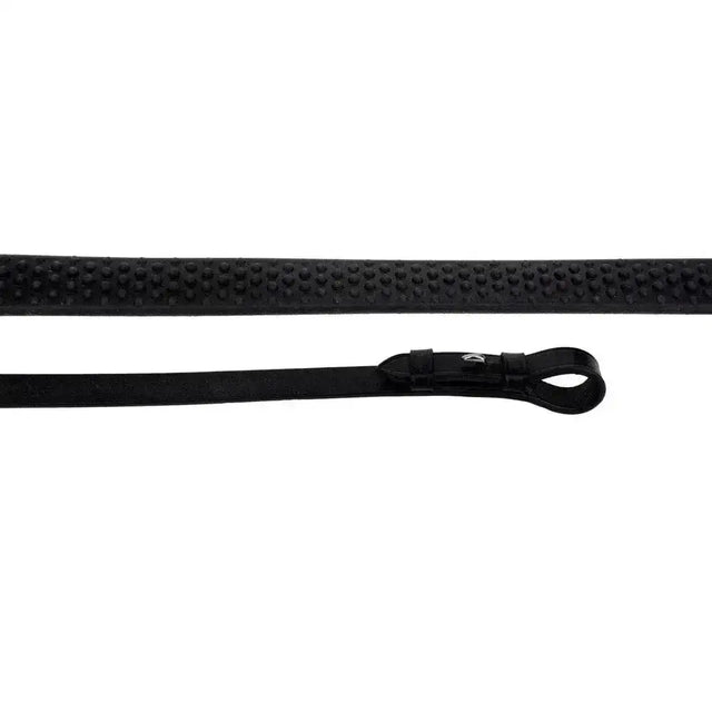 Black textured riding crop with smooth leather handle and silver logo from rhinegold flexible grip rubber reins collection