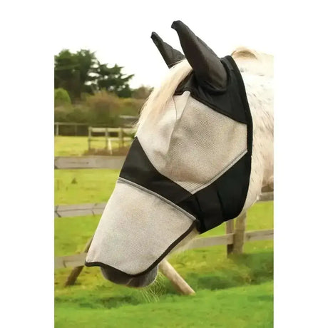 Black and beige mesh Rhinegold fly mask with long nose design and double darted stitching for ear and nose coverage