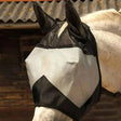 Black and silver mesh rhinegold fly mask with ears featuring soft fleece binding and wide touch tape edges