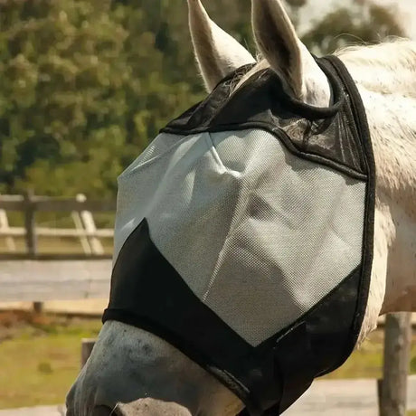 Black and silver mesh rhinegold fly mask without ears with double darted stitching and soft fleece binding edges