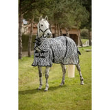 Black and white zebra-print rhinegold fly rug with neck cover and black straps made of fully breathable mesh