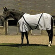 A white rhinegold fly rug with neck cover made of fully breathable mesh and black straps with a subtle logo on side